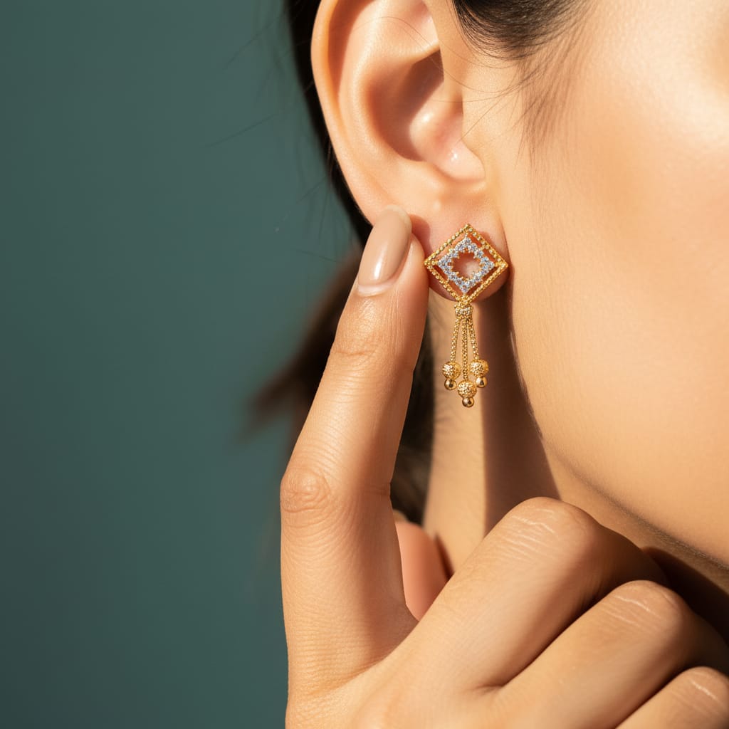 CZ Flower Gold Bead Chain Tassel Earrings