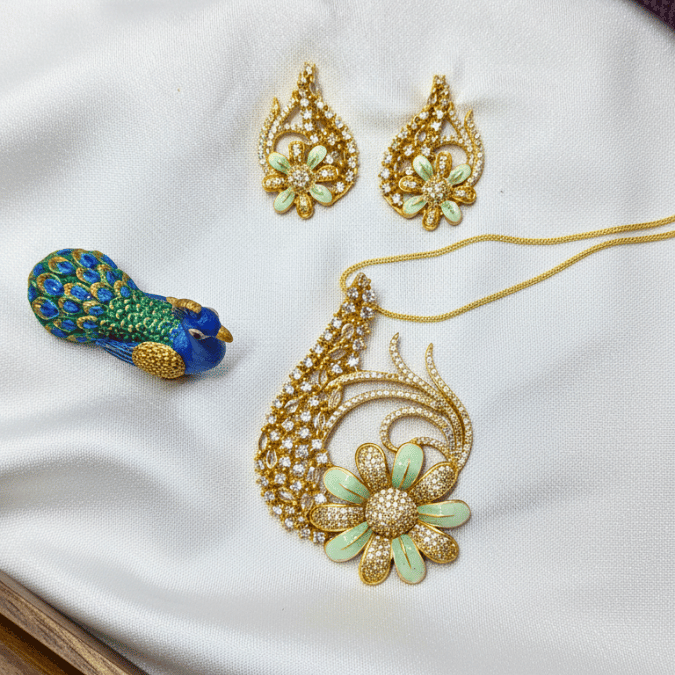 CZ Peacock Floral Chain Pendant Set with Earrings