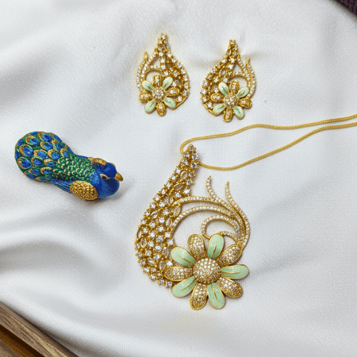 CZ Peacock Floral Chain Pendant Set with Earrings