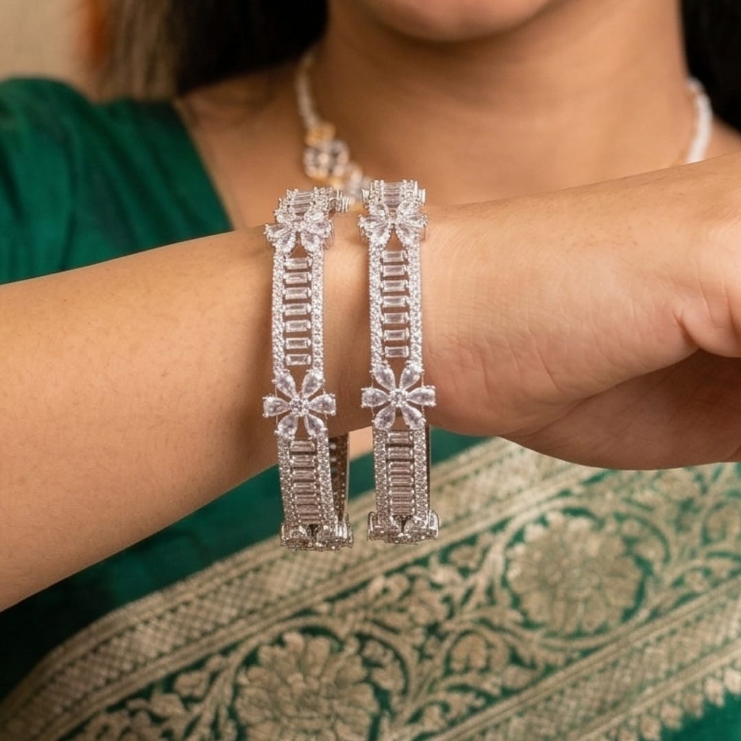 CZ Rhodium Baguette & Daisy Flower Bangles