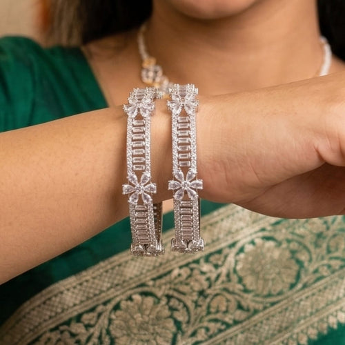 CZ Rhodium Baguette & Daisy Flower Bangles