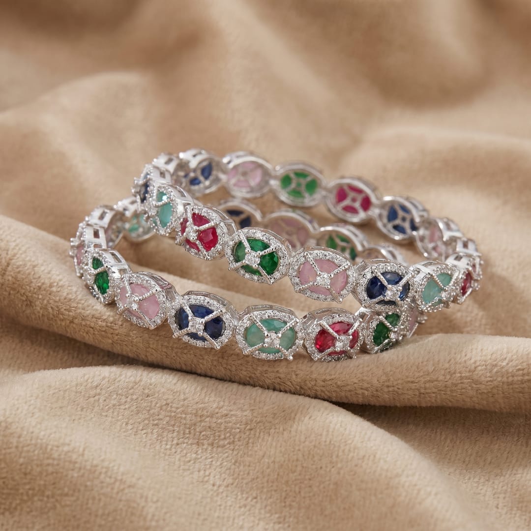 CZ Rhodium Bangles with Multicolour Stones