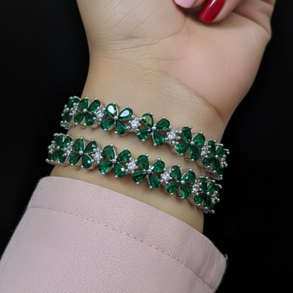 CZ Rhodium Emerald Green Flower Bangles
