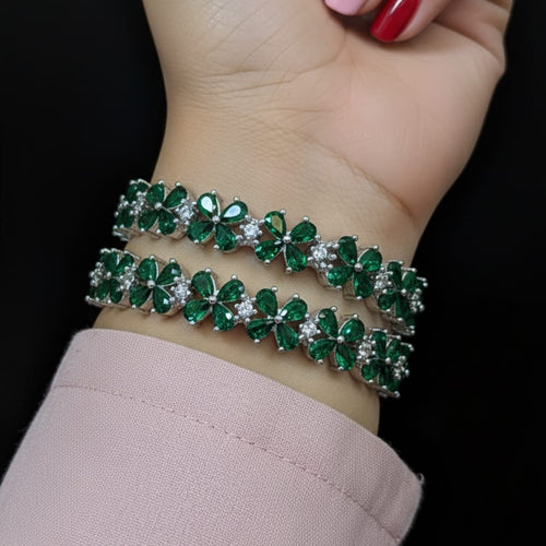 CZ Rhodium Emerald Green Flower Bangles