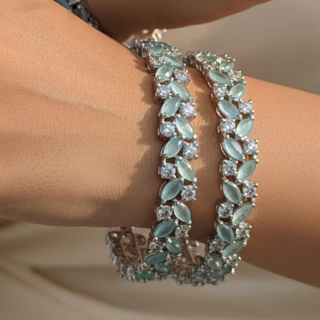 CZ Rhodium Mint Aqua Marquise Leaf & Round Bangles 