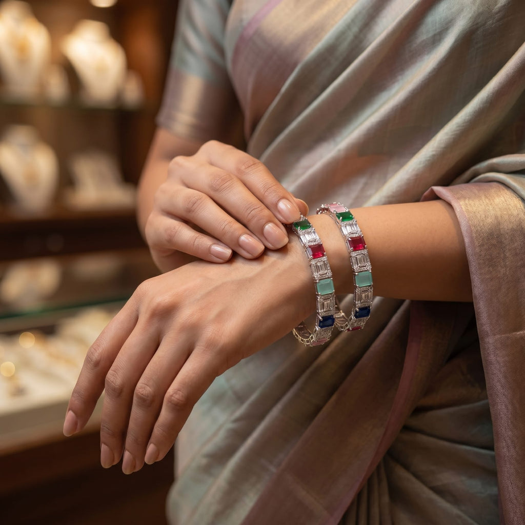 CZ Rhodium Multicolour Bold Square Stone Bangles