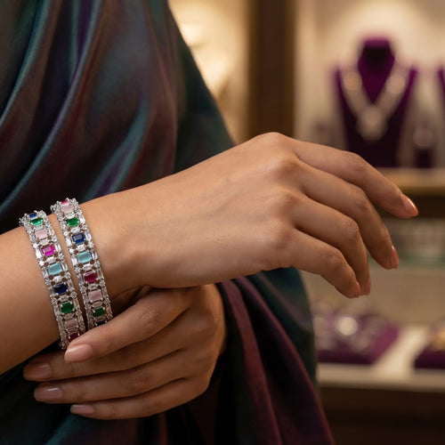 CZ Rhodium Multicolour Channel Stone Bangles