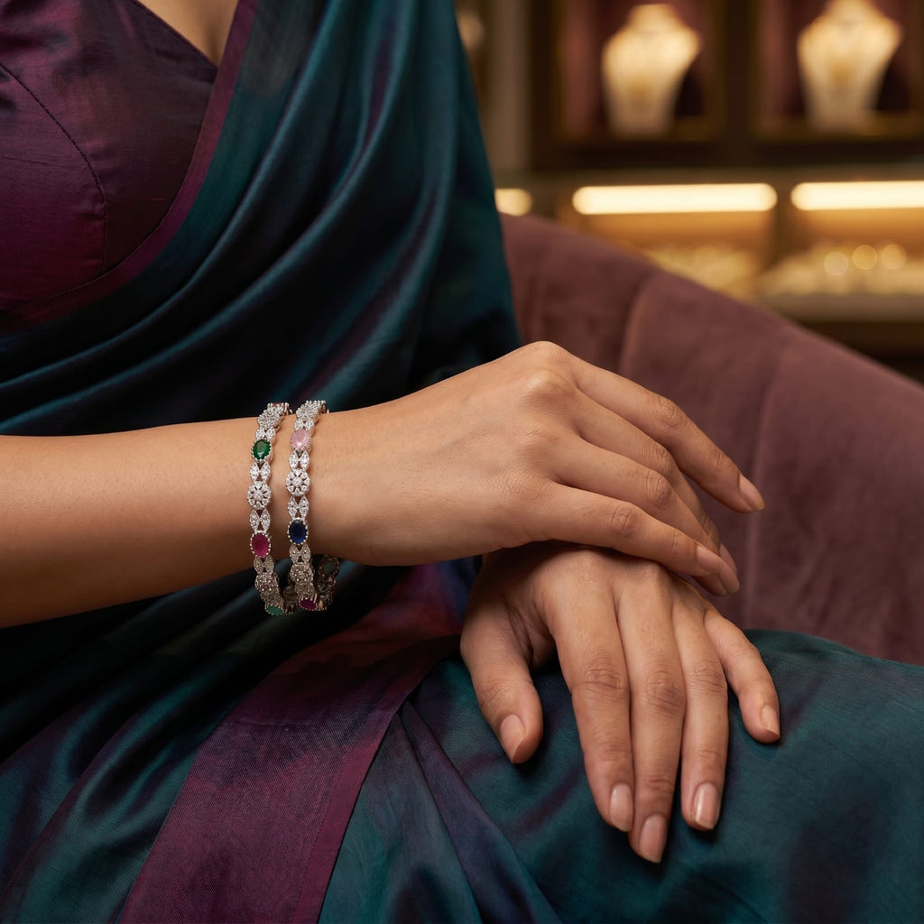 CZ Rhodium Multicolour Oval CZ Daisy Bangles