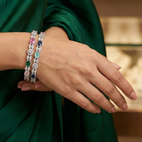 CZ Rhodium Multicolour Oval CZ Daisy Bangles