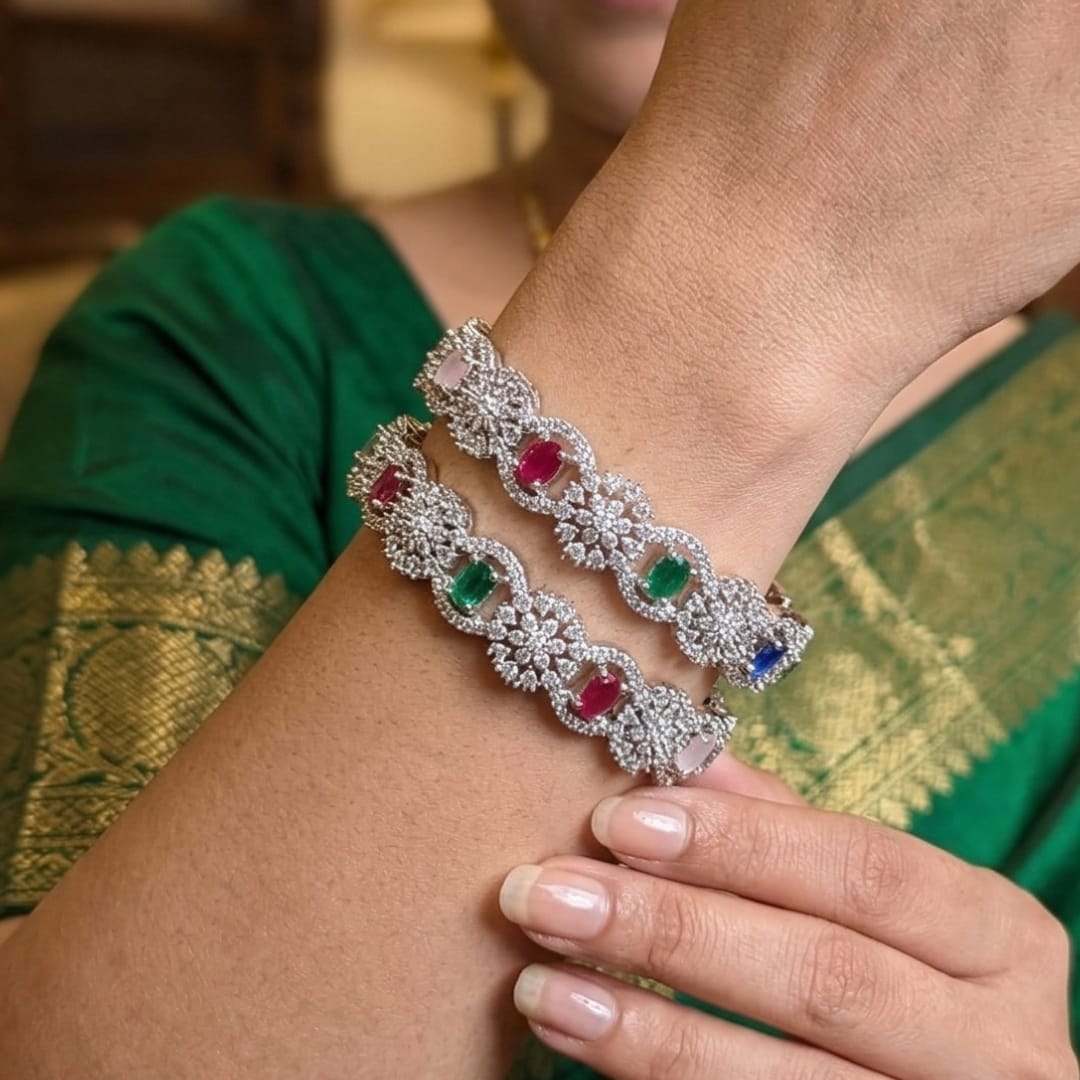 CZ Rhodium Multicolour Oval Cluster Flower Bangles