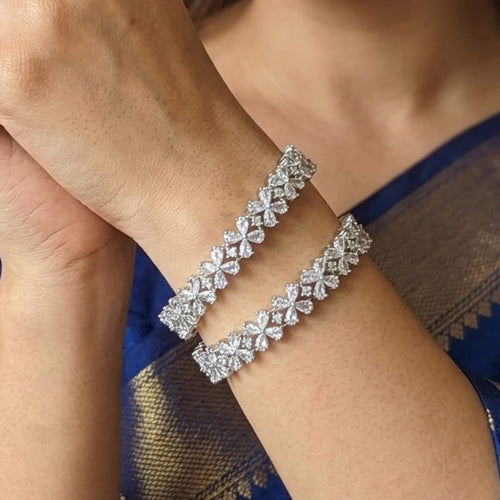 CZ Rhodium Pear Floral Bangles