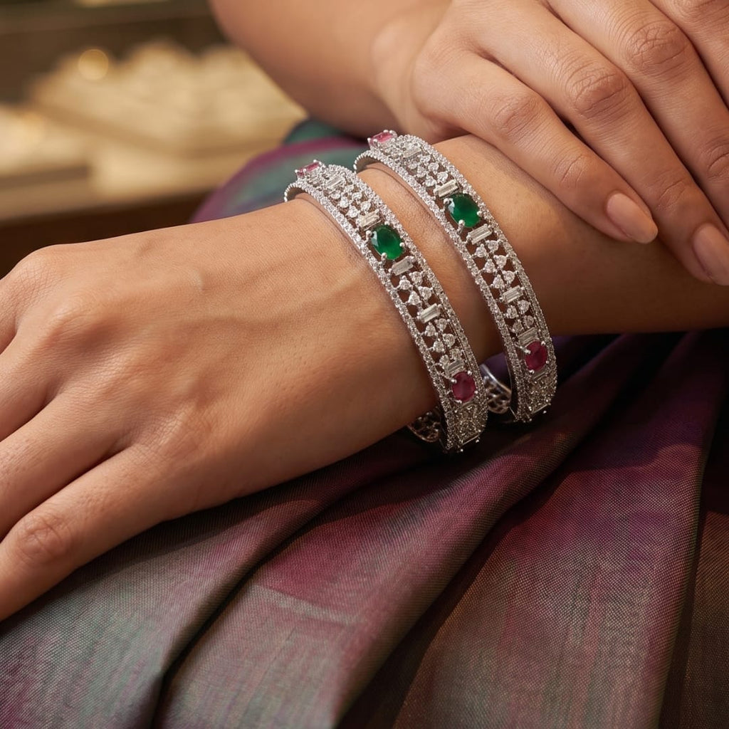 CZ Rhodium Ruby Emerald Oval Stone Bangles