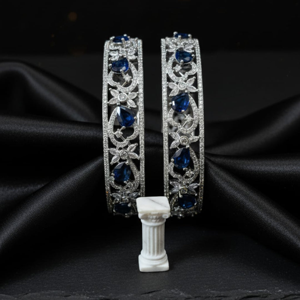 CZ Rhodium Sapphire Blue & White Floral Bangles