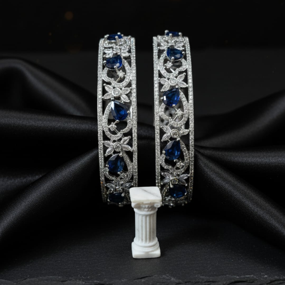 CZ Rhodium Sapphire Blue & White Floral Bangles