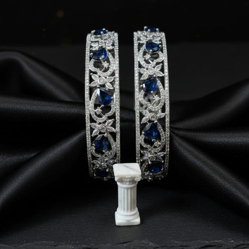 CZ Rhodium Sapphire Blue & White Floral Bangles
