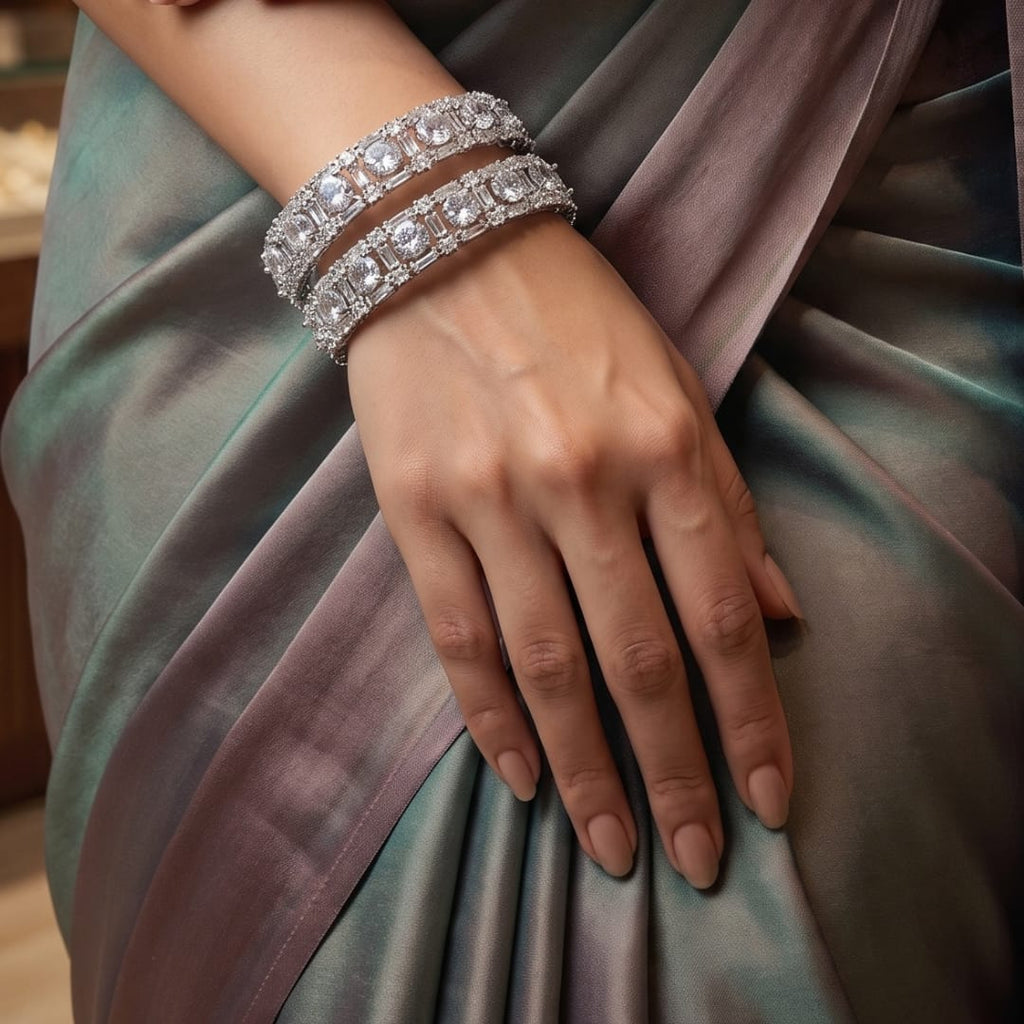 CZ Rhodium Solitaire Baguette Bridal Bangles
