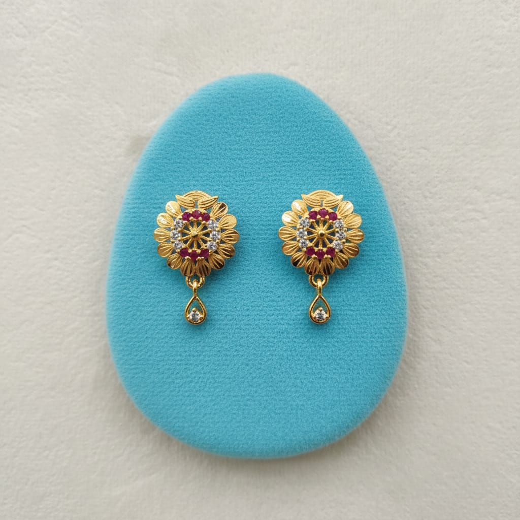 Sunflower Disc Ruby CZ Teardrop Heart Drop Earrings