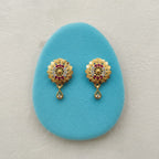 Sunflower Disc Ruby CZ Teardrop Heart Drop Earrings