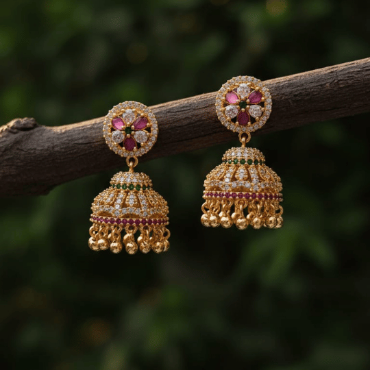 Micro Gold Plated CZ Ruby & Emerald Jhumka Earrings