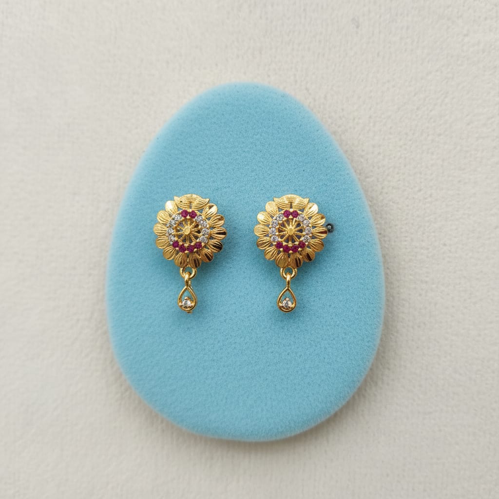 Sunflower Disc Ruby CZ Teardrop Heart Drop Earrings