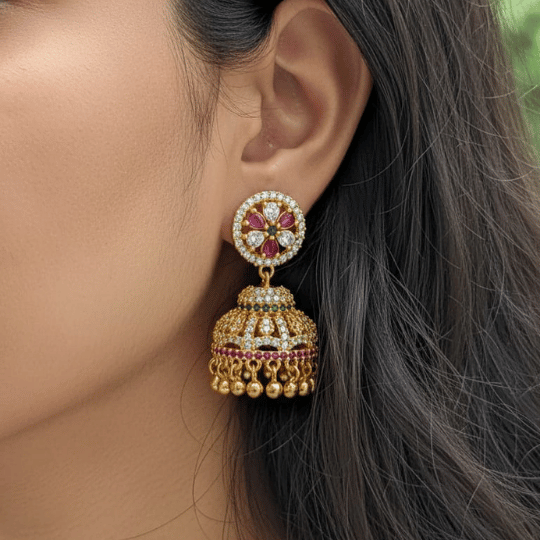 Micro Gold Plated CZ Ruby & Emerald Jhumka Earrings