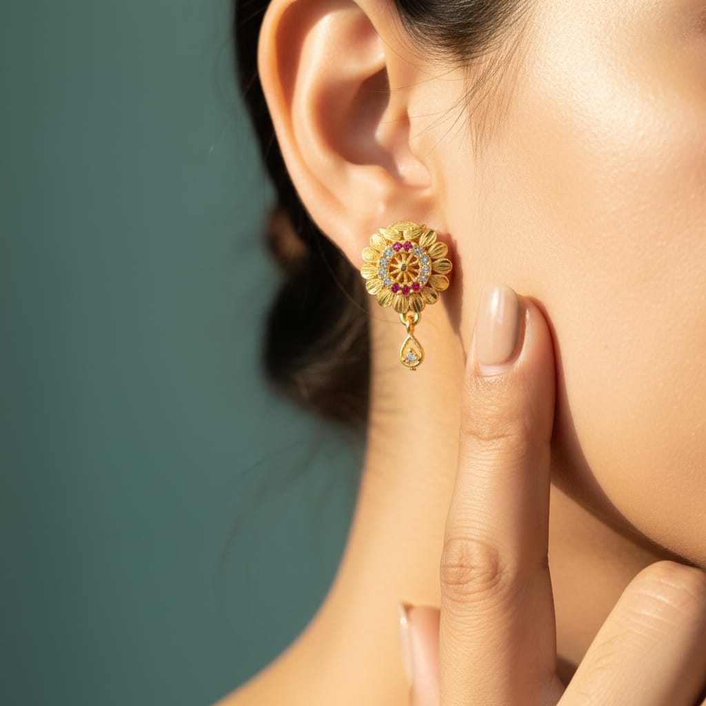 Sunflower Disc Ruby CZ Teardrop Heart Drop Earrings