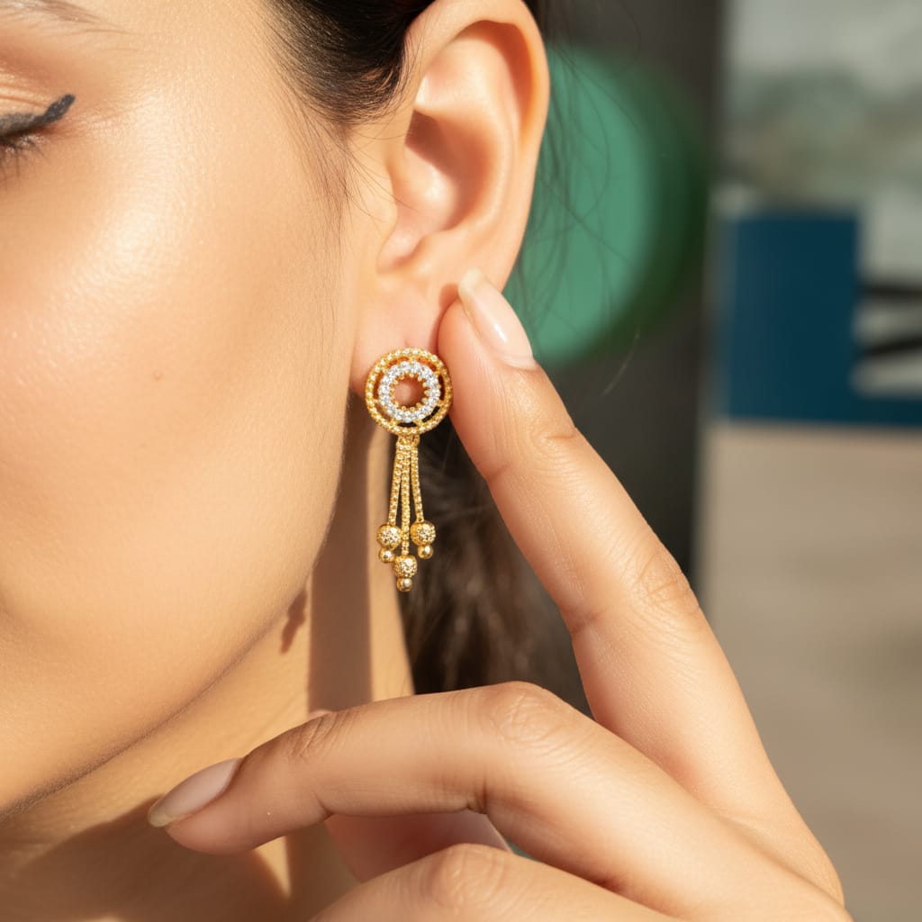 Circle CZ Gold Bead Chain Tassel Earrings