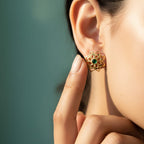 Emerald Lotus Gold Filigree Stud Earrings