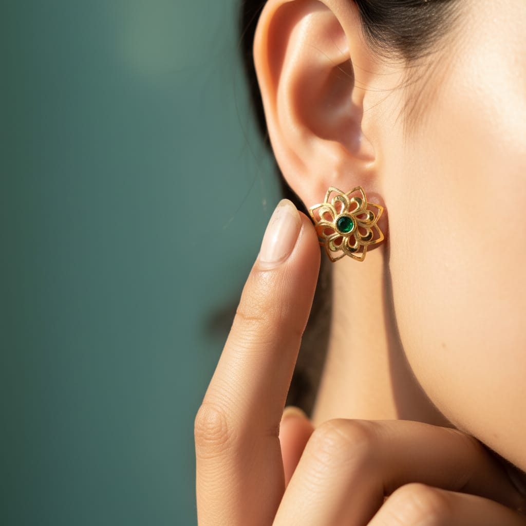 Emerald Lotus Gold Filigree Stud Earrings