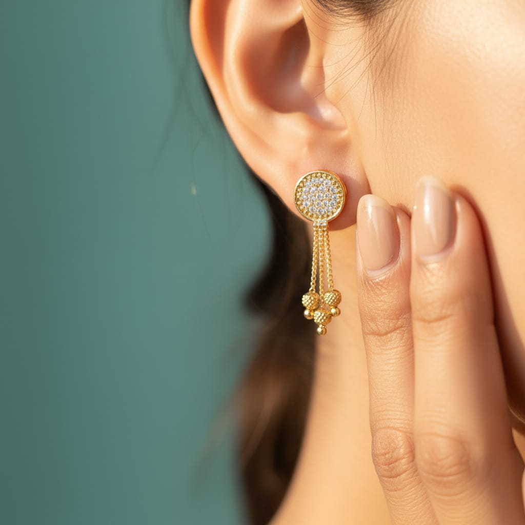Round Pave CZ Disc Gold Bead Chain Tassel Earrings