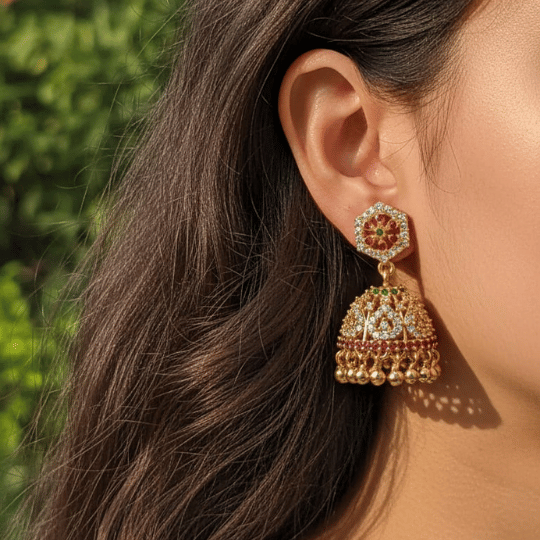 Micro Gold Plated Hexagonal CZ Kemp Jhumka Earrings