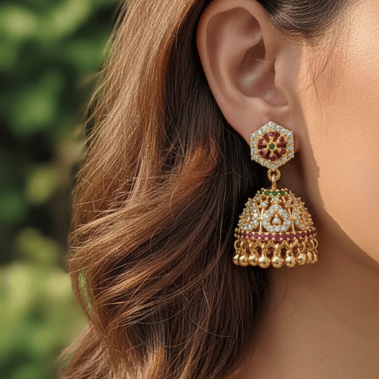 Micro Gold Plated Hexagonal CZ Kemp Jhumka Earrings