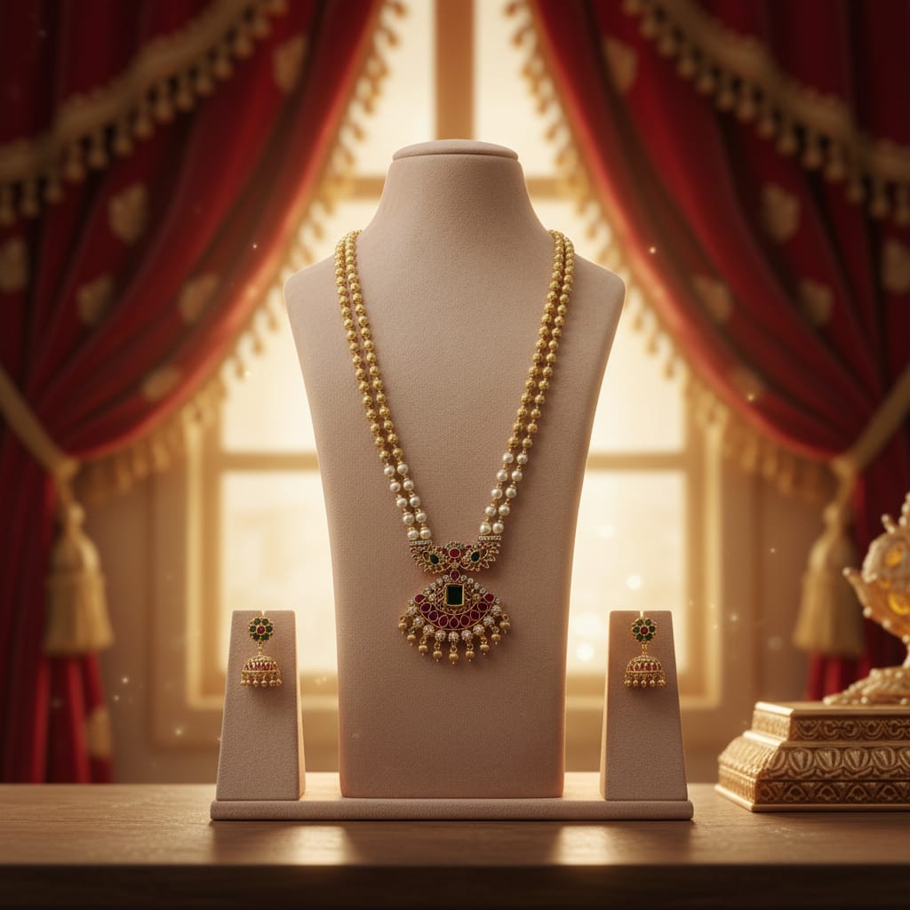 Double-Strand Pearl & Gold Bead Long Necklace Set
