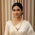 Double-Strand Pearl Long Necklace Set with Ruby & Emerald