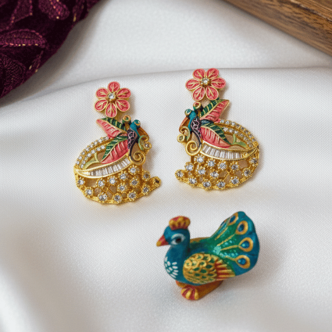 Dual Peacock Enamel CZ Chain Pendant Set