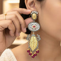 Dual Tone Elephant Leaf Drop Earrings with Ruby Beads
