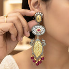 Dual Tone Elephant Leaf Drop Earrings with Ruby Beads