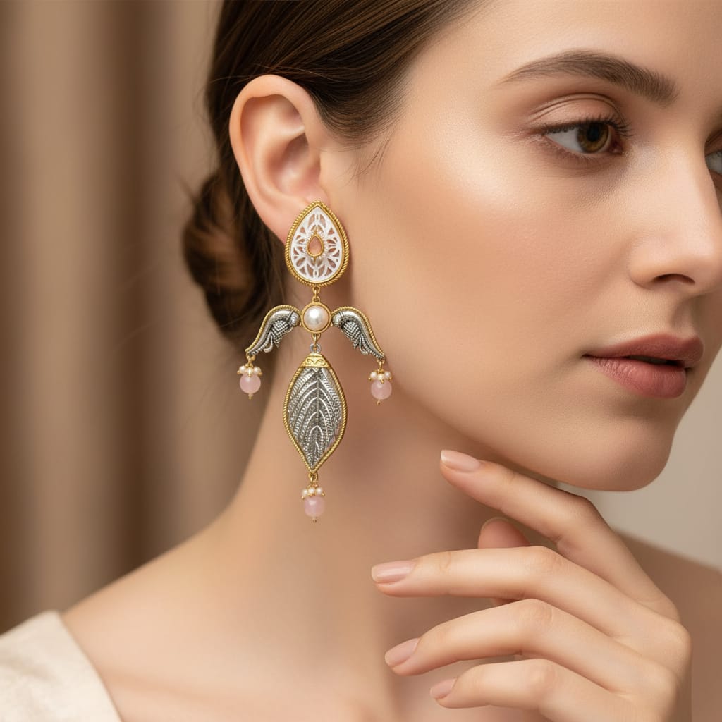 Dual Tone Leaf & Angel Wing Dangle Earrings