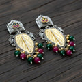 Dual Tone Leaf Earrings with Ruby & Emerald Beads