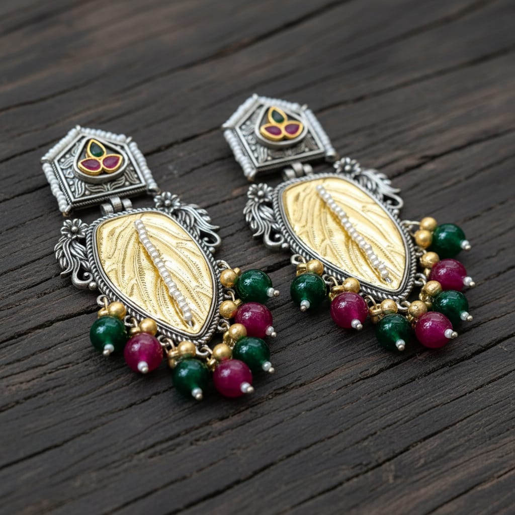 Dual Tone Leaf Earrings with Ruby & Emerald Beads
