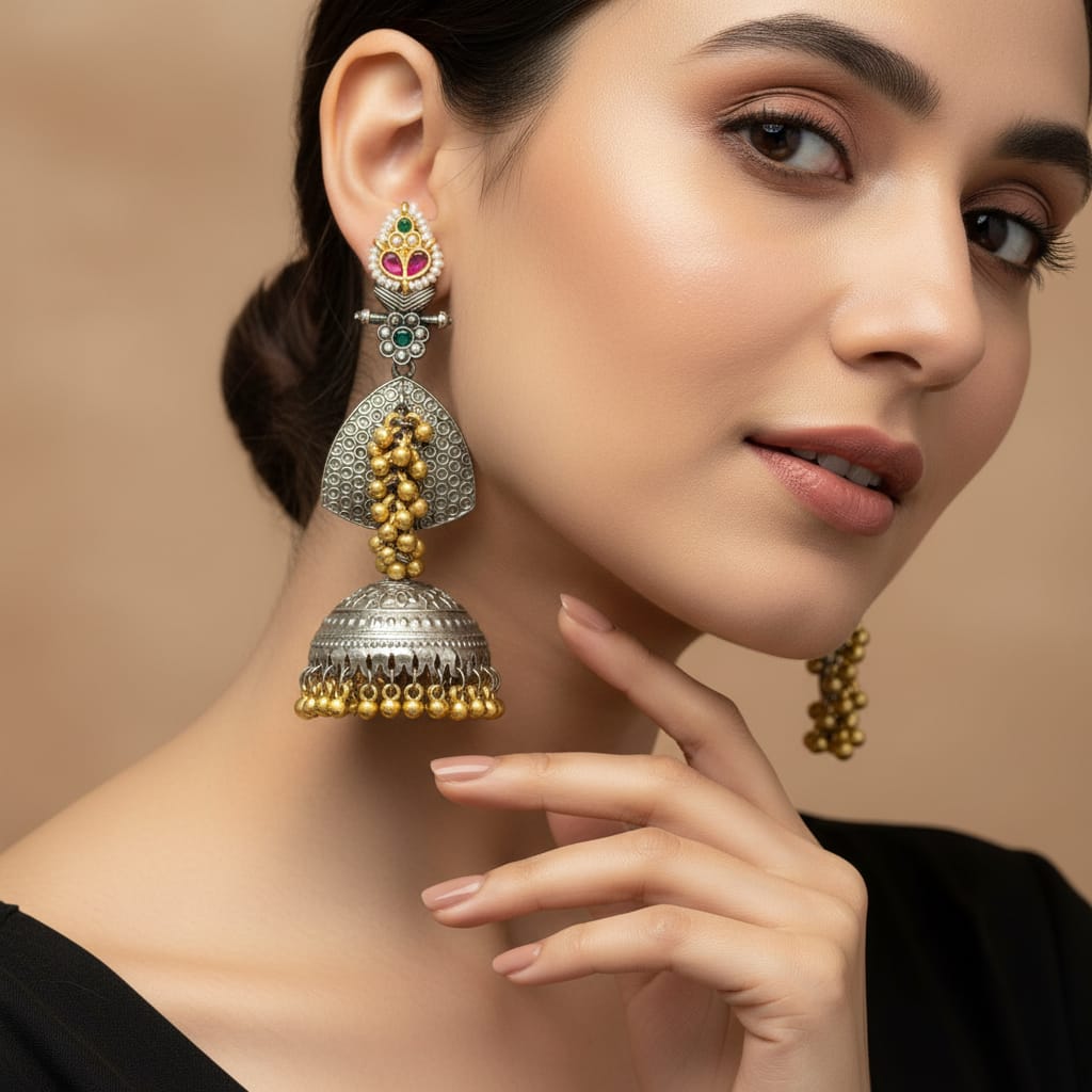 Dual Tone Long Jhumka Earrings 