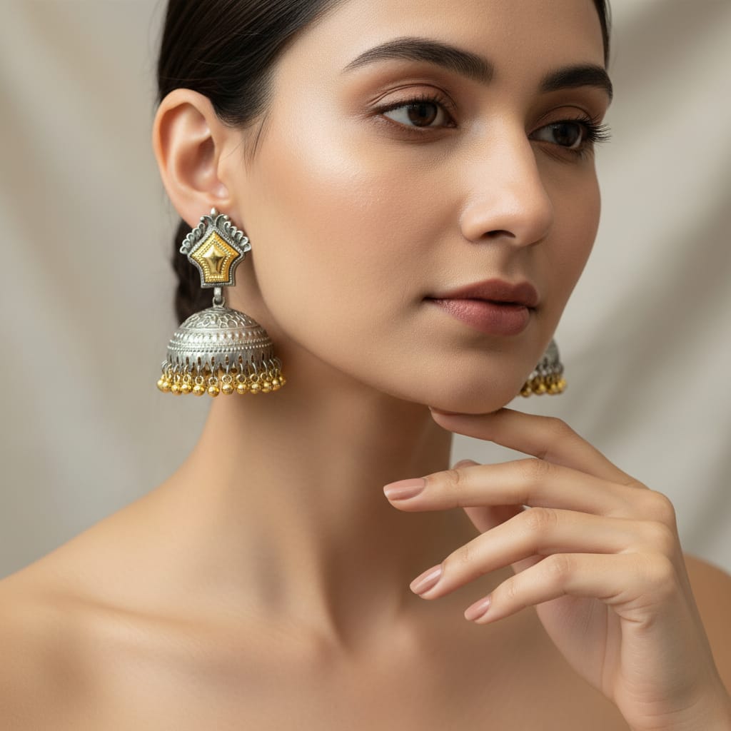 Dual Tone Oxidised Silver & Gold Jhumka Earrings 