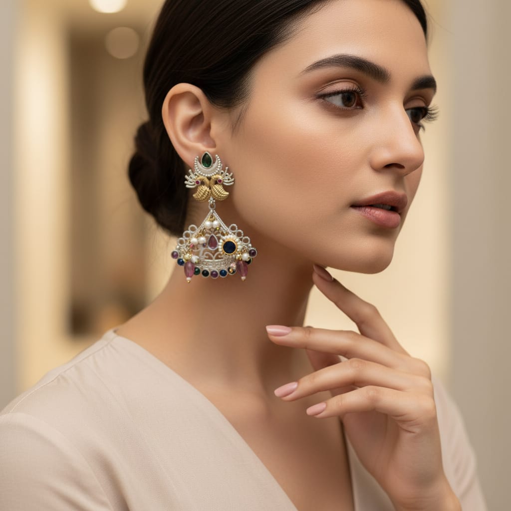 Dual Tone Peacock Chandbali Earrings