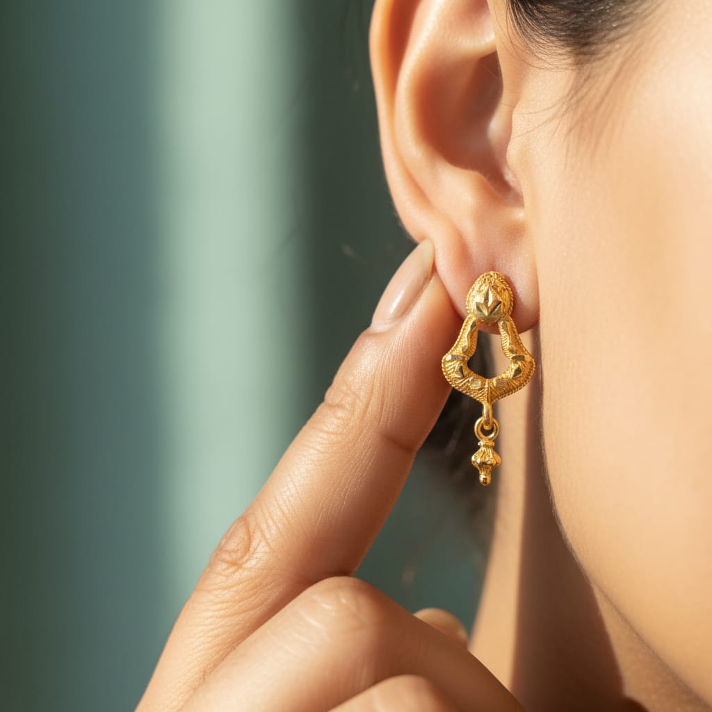 Gold Engraved Open Drop Earrings with Ghungroo
