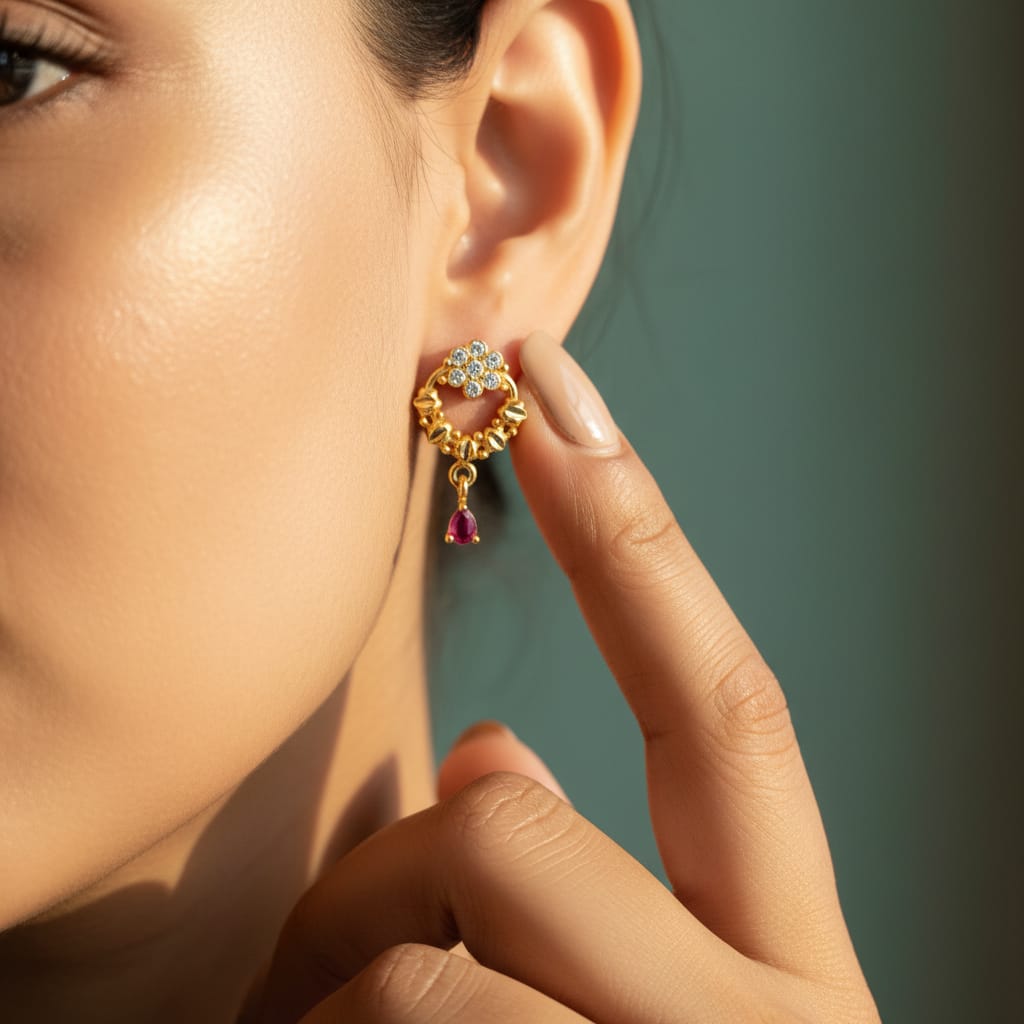 Beaded Circle CZ Flower Ruby Teardrop Drop Earrings