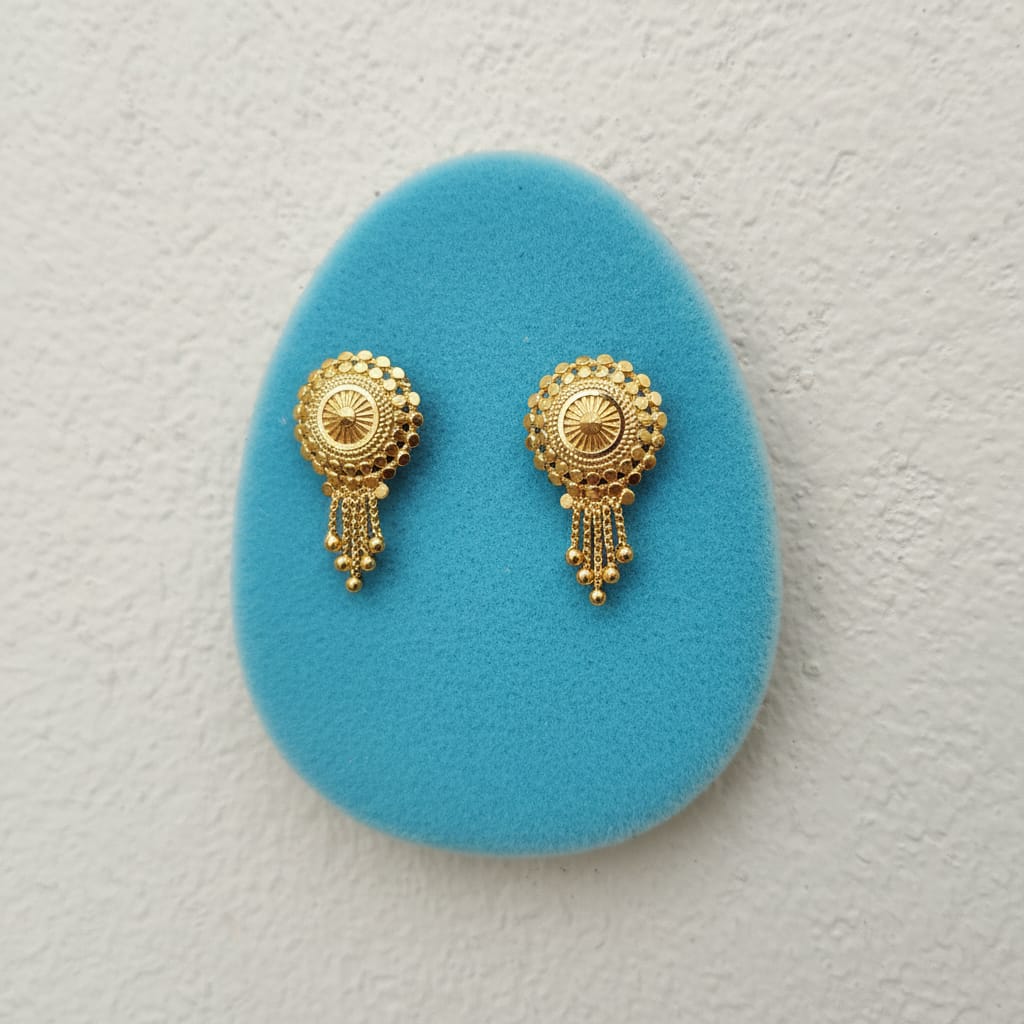 Round Granule Disc Sunburst Gold Bead Chain Tassel Earrings