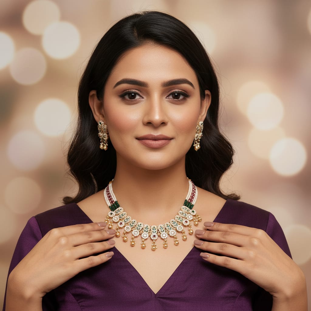 Emerald Bead & Meenakari Rajwadi Necklace Set