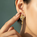 Gold Fan Drop Earrings with CZ