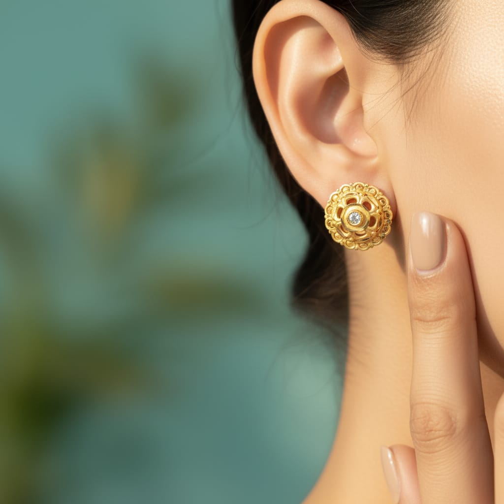 Filigree Dome Gold Stud Earrings with Solitaire Centre
