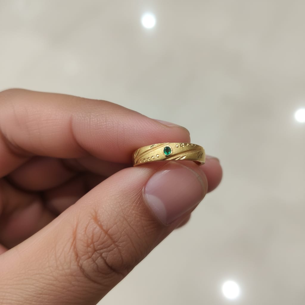 Micro Gold Plated Leaf Engraved Band Ring with Solitaire Emerald CZ